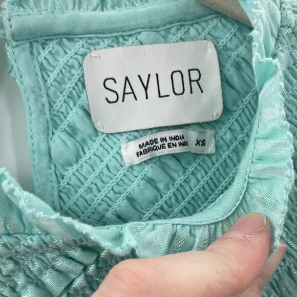 Saylor XS Carraway Mini Dress Smocked Bodice Flutter Sleeves Aqua Metallic - Picture 9 of 13